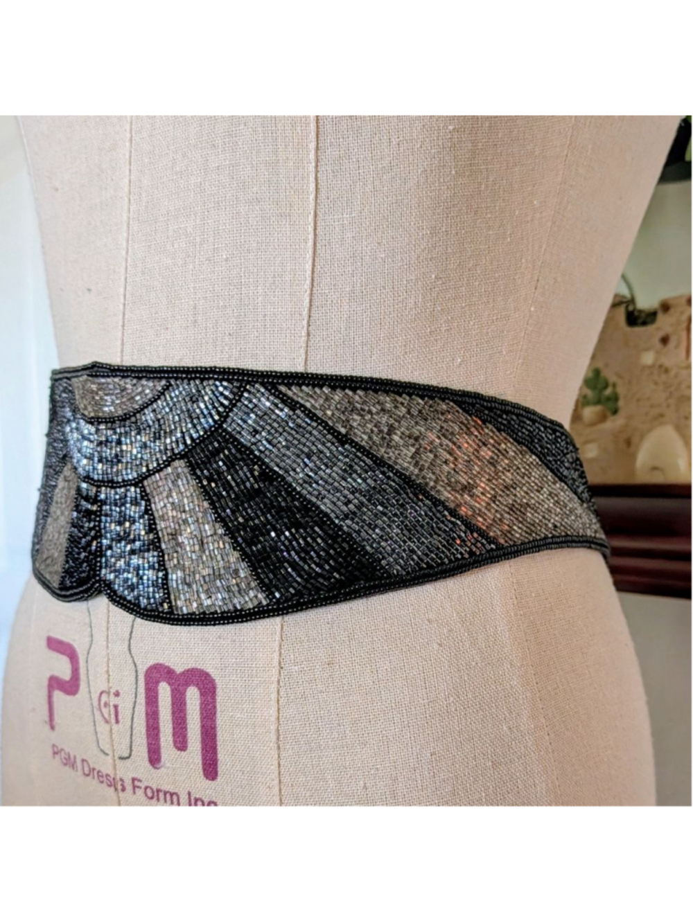 Vintage Black Silver Beaded Tie Belt or Art Deco Style Beaded Waist Sash Belt - Picture 7 of 12